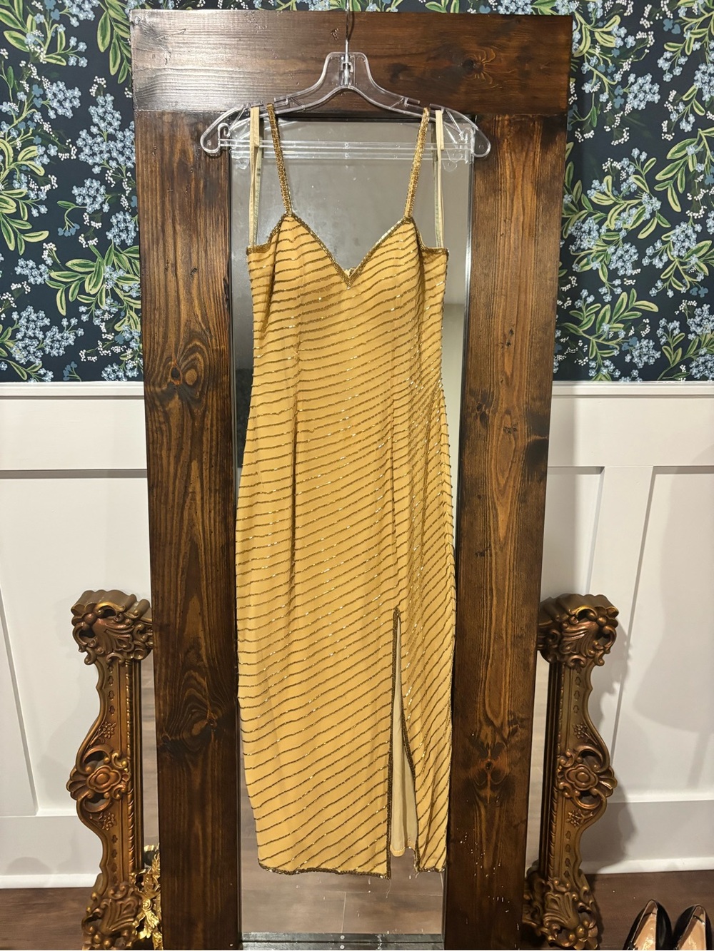 Rare Vintage Y2K A.J Bari 100% Silk Fully Beaded Evening Dress , Yellow Size 6
